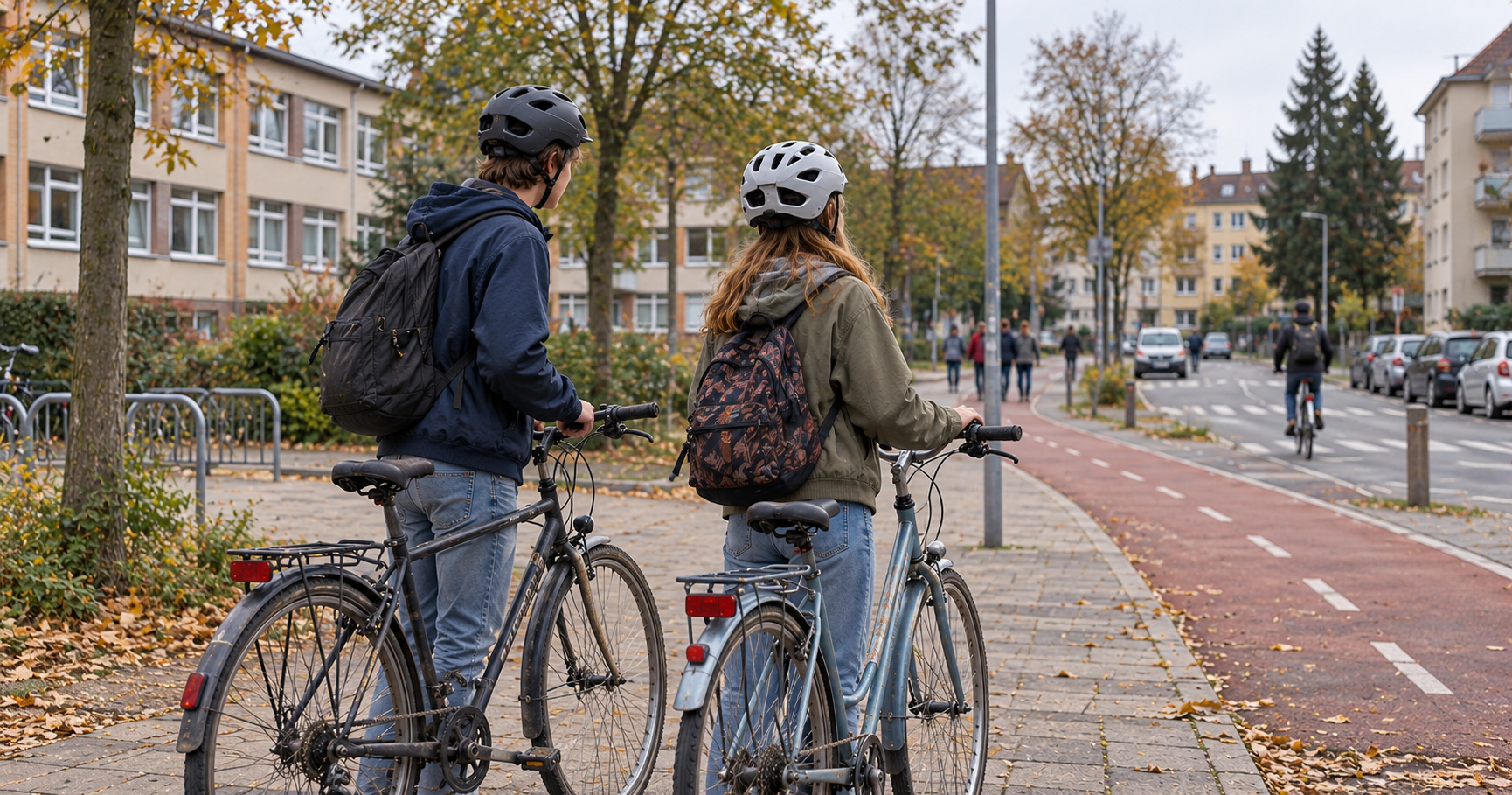 Illustration von zwei Jugendlichen mit Fahrrädern und Helmen, die den Verlauf einer Radroute im Ort betrachten