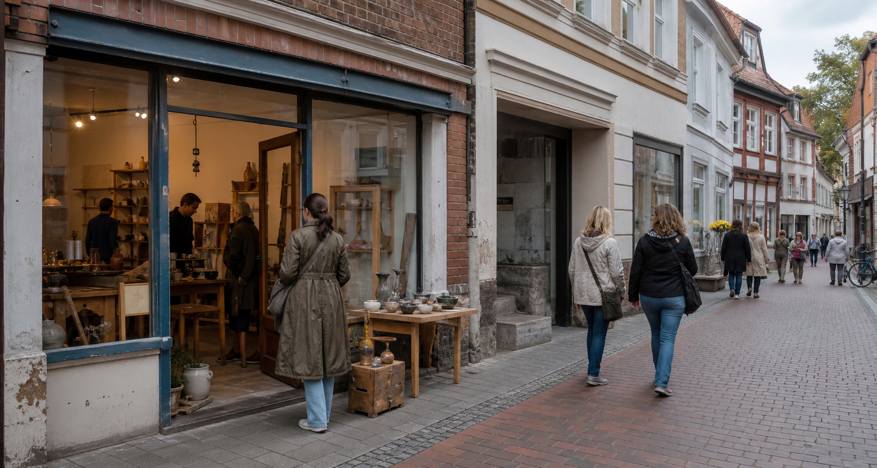 Belebte Kleinstadtstraße mit kreativ genutztem ehemaligem Ladenlokal