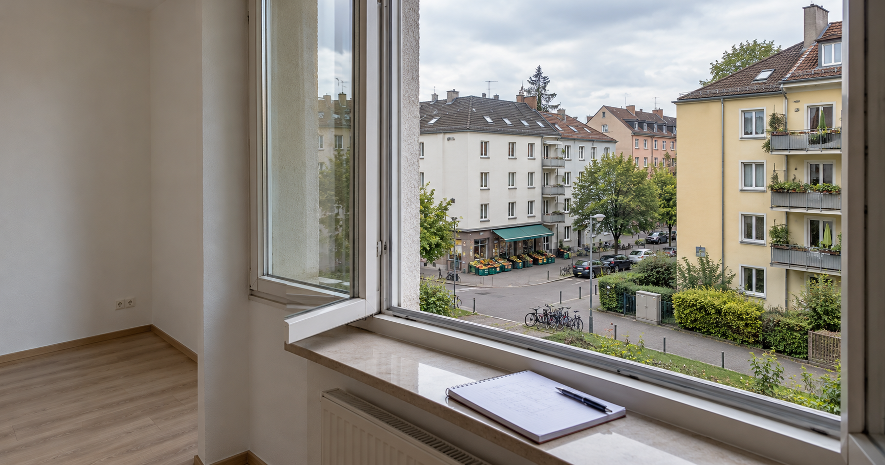 Blick aus einer leeren Wohnung auf die Nachbarschaft mit einem Notizbuch auf der Fensterbank; KI-generiertes Symbolbild